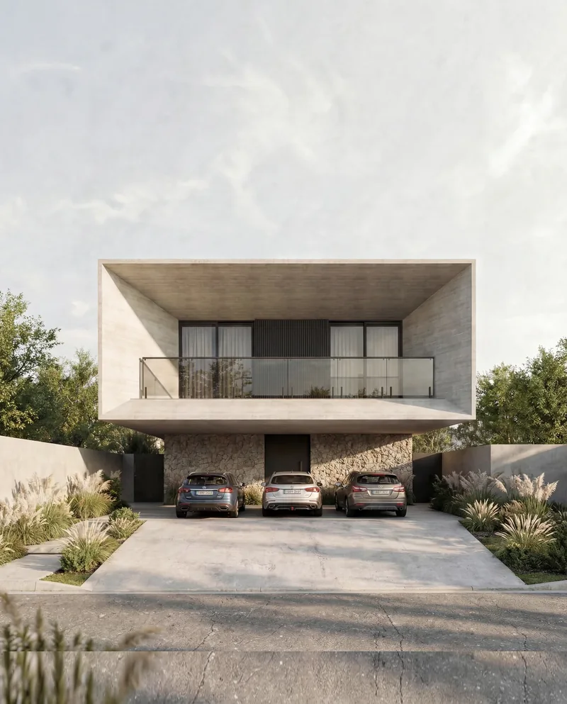 Fachada da Casa Horizonte com concreto aparente e paisagismo